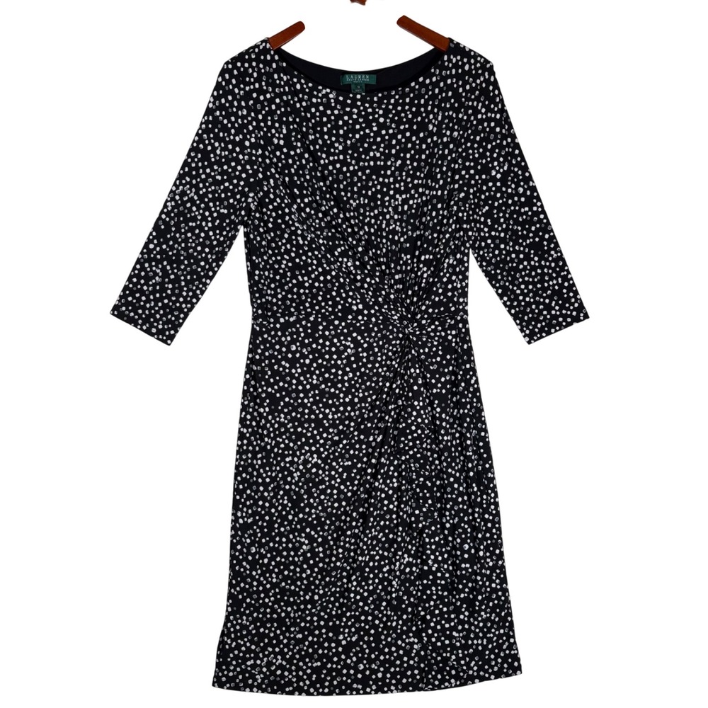 Lauren Ralph Lauren Black White Dot Twist Dress 12 3/4 Sleeve Faux Wrap
